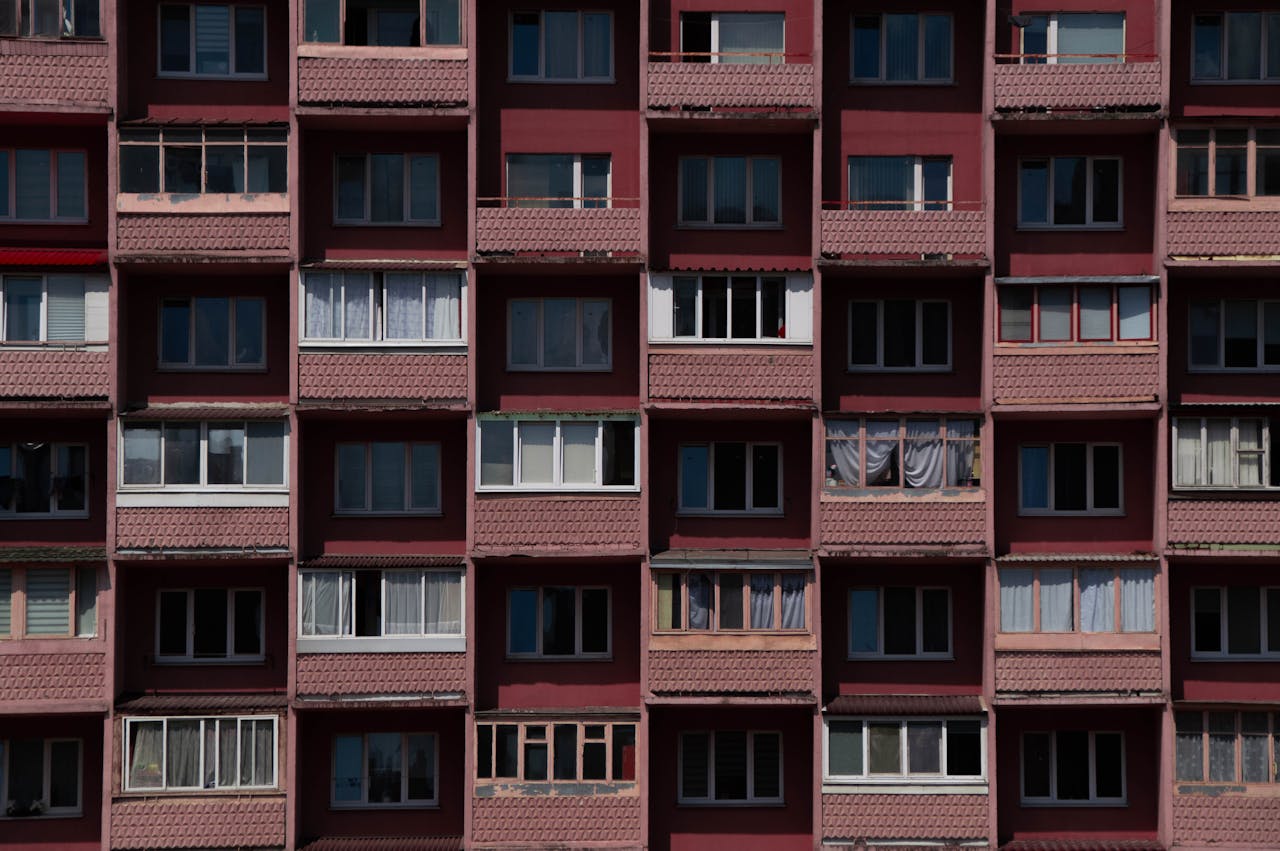 Close-up view of a residential apartment building facade in Minsk, Belarus highlighting architecture.